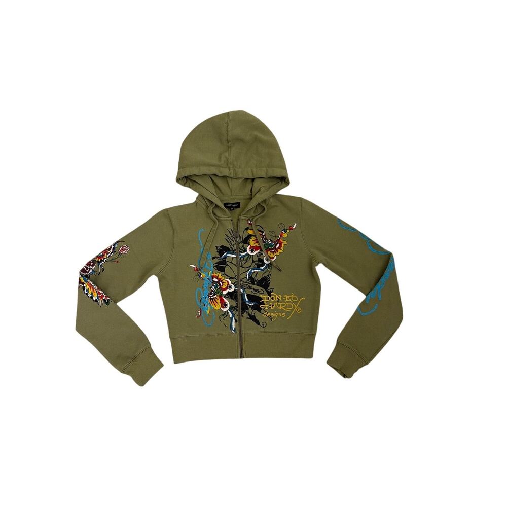 Ed Hardy Butterflies Y2K Olive Green Full Zip Cropped Hoodie Sweatshirt Medium